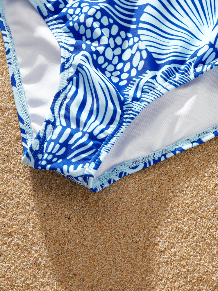 Mommy & me Shell Print Swimwear Floral two-piece Bikini & Swim Shorts Set for Mom, Dad, & Kids, Perfect for Beach Days & Pool Parties Blue