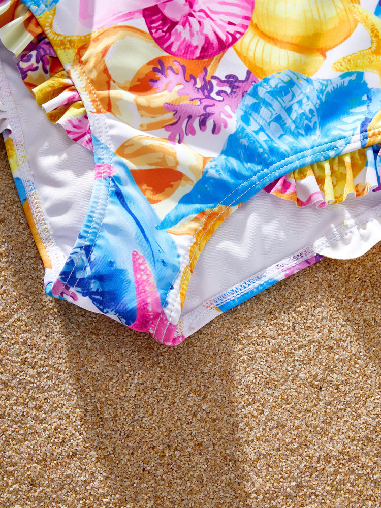 Kleinkind Mädchen Muschel- & Seesternprint Badeanzüge Geraffter Einteiler & Badehose Set Mehrfarbig