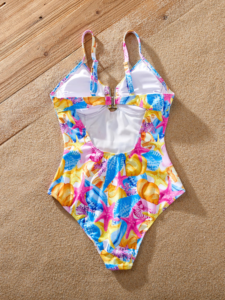 Family Matching Seashell & Starfish Print Swimsuits Ruched One-Piece & Swim Trunks Set Multi-color