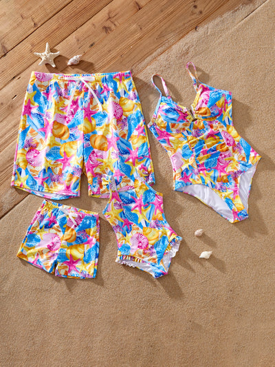 Toddler Girl Seashell & Starfish Print Swimsuits Ruched One-Piece & Swim Trunks Set Multi-color