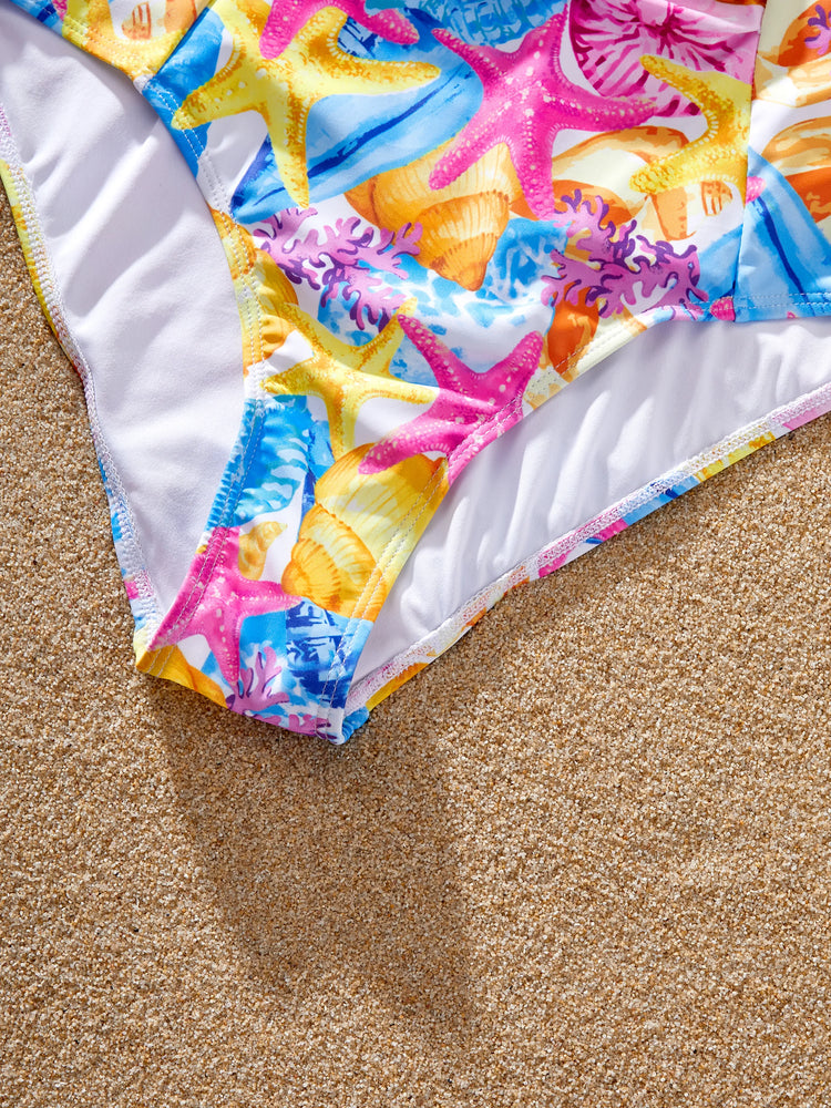 Family Matching Seashell & Starfish Print Swimsuits Ruched One-Piece & Swim Trunks Set Multi-color