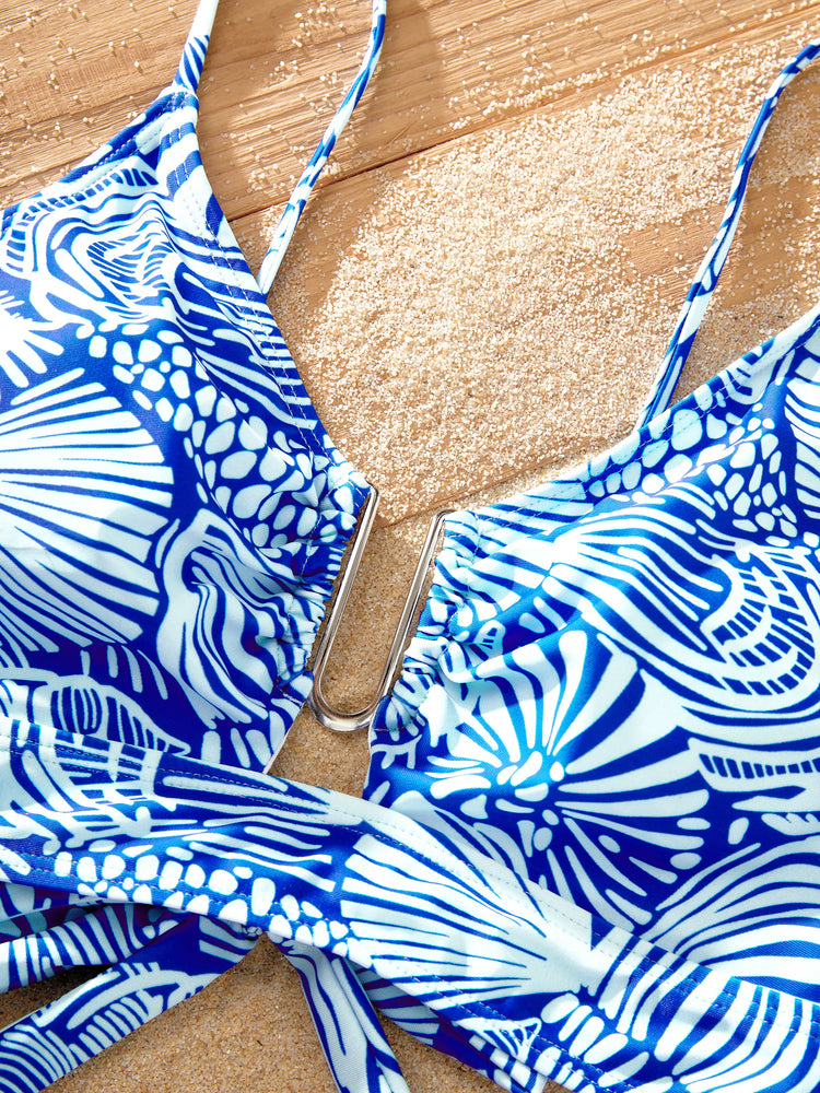 Matching Family Shell Print Swimwear Floral two-piece Bikini & Swim Shorts Set for Mom, Dad, & Kids, Perfect for Beach Days & Pool Parties Blue