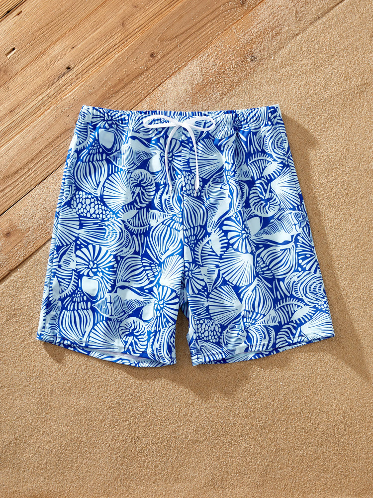 Daddy & Daughter Shell Print Swimwear Floral two-piece Bikini & Swim Shorts Set for Mom, Dad, & Kids, Perfect for Beach Days & Pool Parties Blue