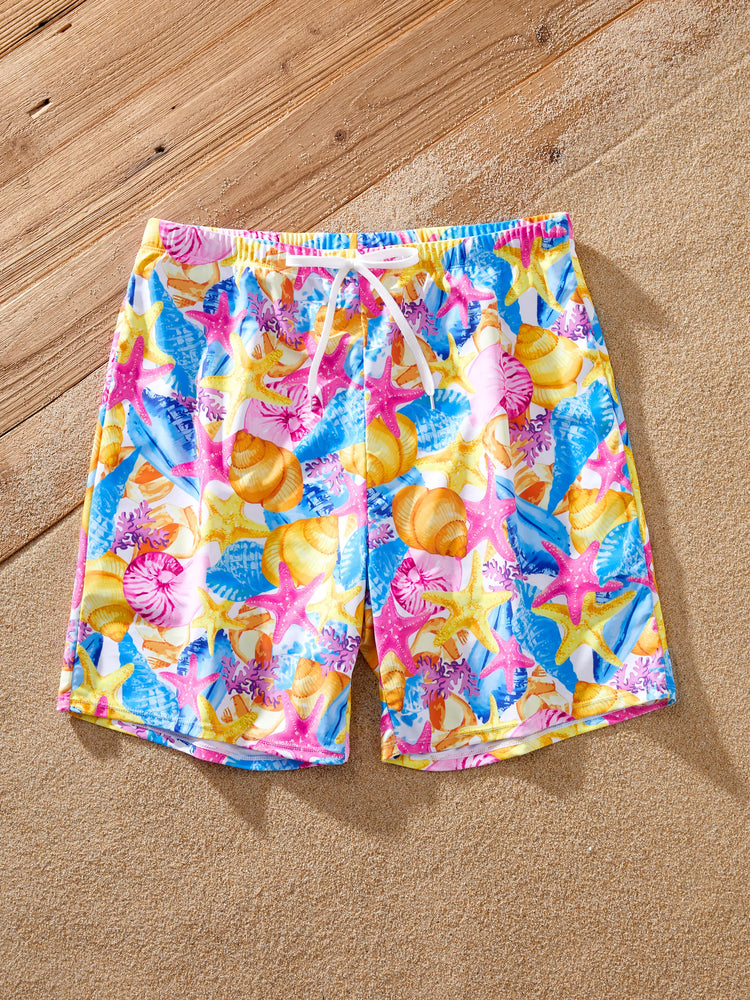 Family Matching Seashell & Starfish Print Swimsuits Ruched One-Piece & Swim Trunks Set Multi-color