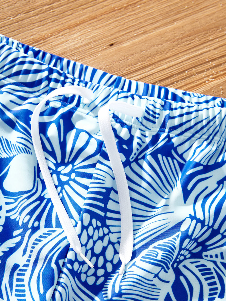 Daddy & Daughter Shell Print Swimwear Floral two-piece Bikini & Swim Shorts Set for Mom, Dad, & Kids, Perfect for Beach Days & Pool Parties Blue