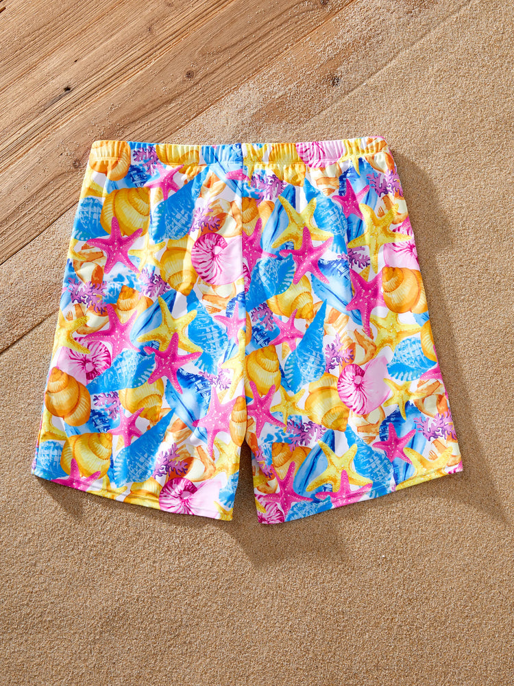 Family Matching Seashell & Starfish Print Swimsuits Ruched One-Piece & Swim Trunks Set Multi-color