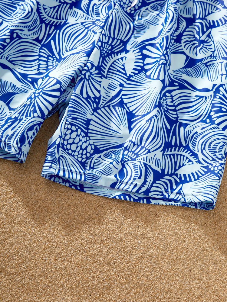 Daddy & Daughter Shell Print Swimwear Floral two-piece Bikini & Swim Shorts Set for Mom, Dad, & Kids, Perfect for Beach Days & Pool Parties Blue