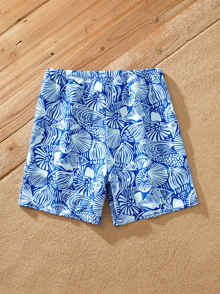Matching Family Shell Print Swimwear Floral two-piece Bikini & Swim Shorts Set for Mom, Dad, & Kids, Perfect for Beach Days & Pool Parties Blue