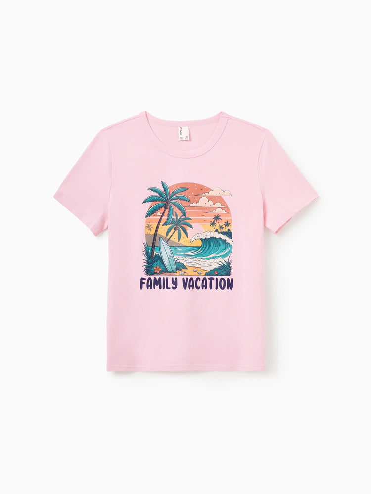 Family Matching "Family Vacation" Graphic Cotton Tees Tropical Surf Print T-Shirt Multi-color