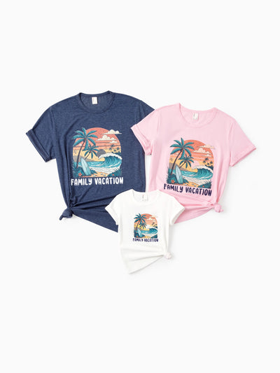 Family Matching "Family Vacation" Graphic Cotton Tees Tropical Surf Print T-Shirt Multi-color