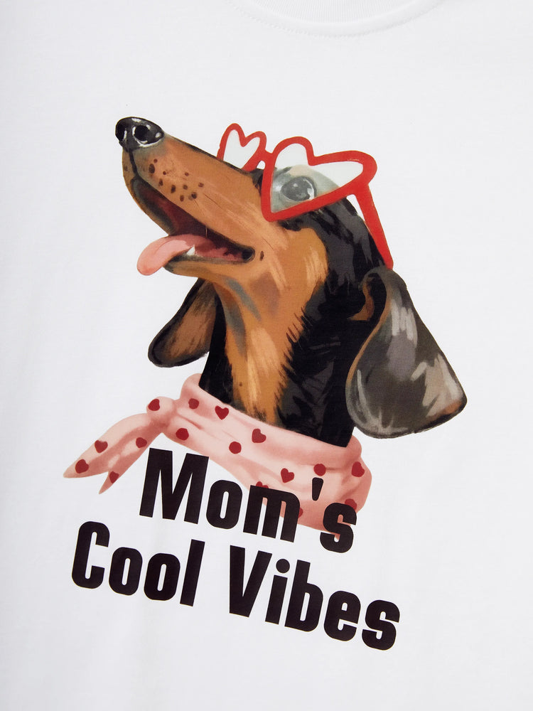 Mommy and Me Dachshund Graphic Tees "Mom's Cool Vibes" Matching Cotton Doggy Print T-Shirt White