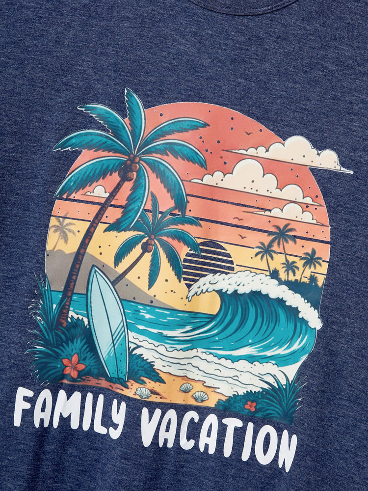 Family Matching "Family Vacation" Graphic Cotton Tees Tropical Surf Print T-Shirt Multi-color