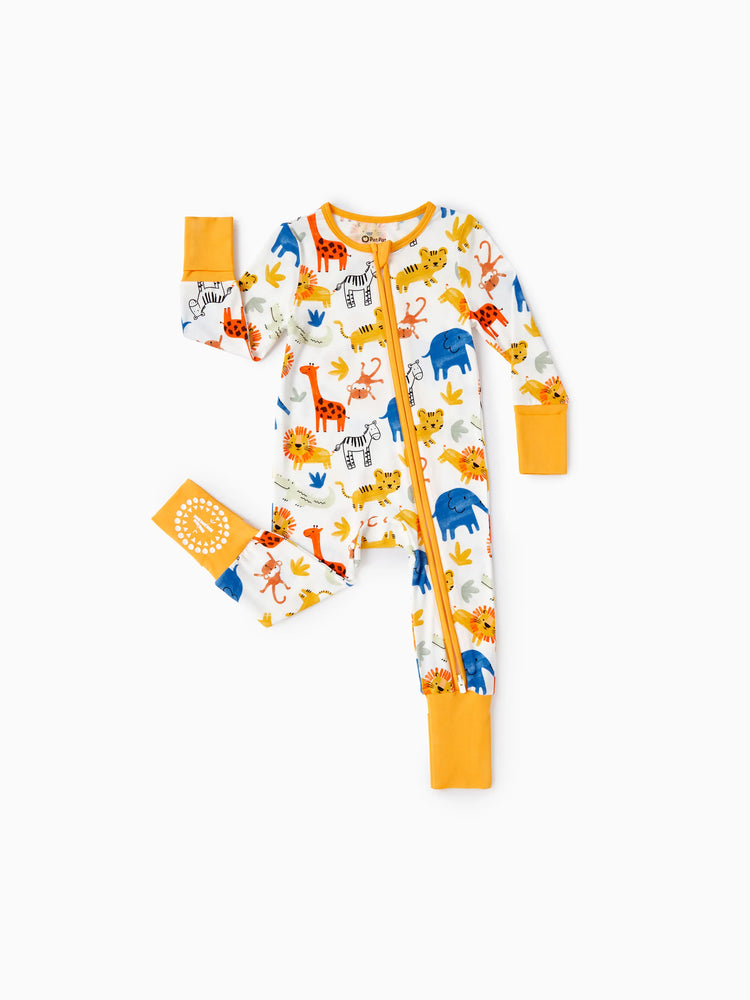 Bamboo Baby Boy/Girl Cartoon Printed 2-Way Zip Onesies Anti Slip Long-sleeve Footie Yellow