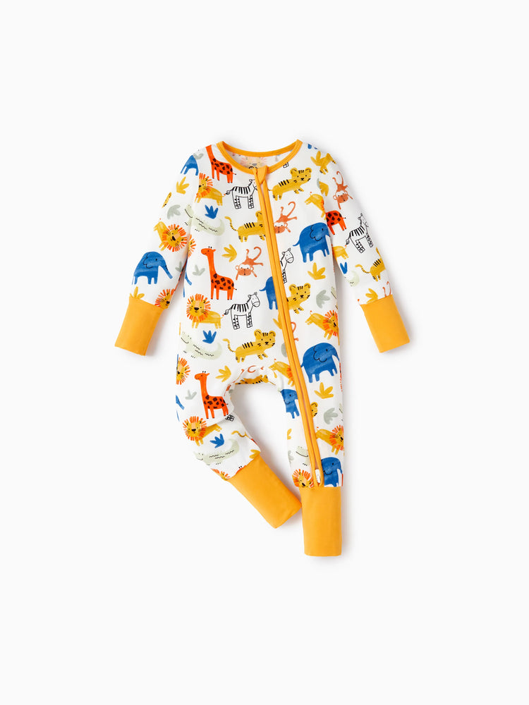 Bamboo Baby Boy/Girl Cartoon Printed 2-Way Zip Onesies Anti Slip Long-sleeve Footie Yellow