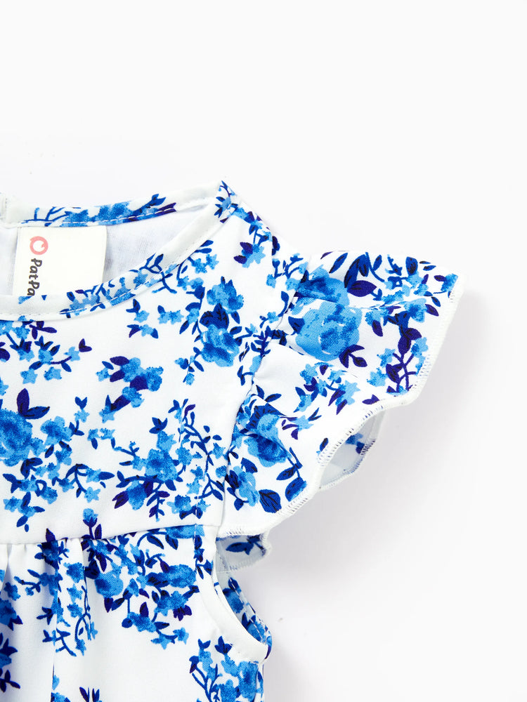 Family Matching Outfits Blue Floral Print Dress & Color Block Tee Set, Mommy Daddy and Me Summer Beach Vacation Coordinates Blue