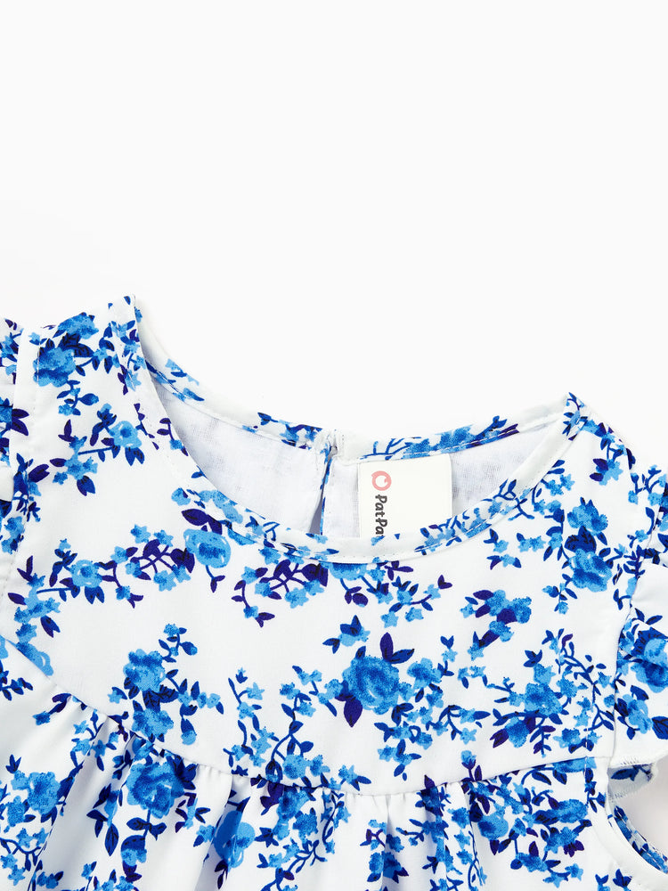 Family Matching Outfits Blue Floral Print Dress & Color Block Tee Set, Mommy Daddy and Me Summer Beach Vacation Coordinates Blue