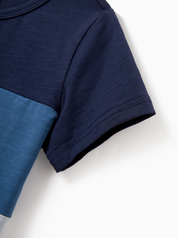 Family Matching Outfits Blue Floral Print Dress & Color Block Tee Set, Mommy Daddy and Me Summer Beach Vacation Coordinates Blue