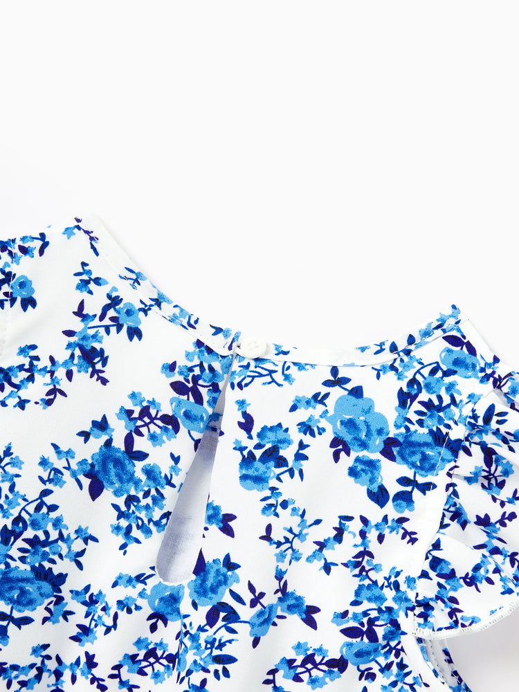 Family Matching Outfits Blue Floral Print Dress & Color Block Tee Set, Mommy Daddy and Me Summer Beach Vacation Coordinates Blue