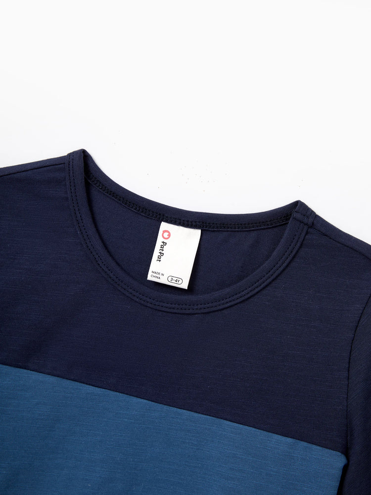 Family Matching Outfits Blue Floral Print Dress & Color Block Tee Set, Mommy Daddy and Me Summer Beach Vacation Coordinates Blue