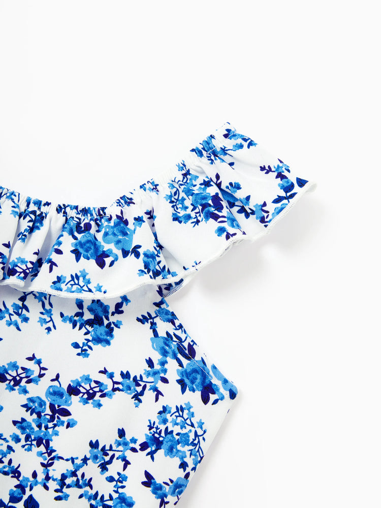 Family Matching Outfits Blue Floral Print Dress & Color Block Tee Set, Mommy Daddy and Me Summer Beach Vacation Coordinates Blue