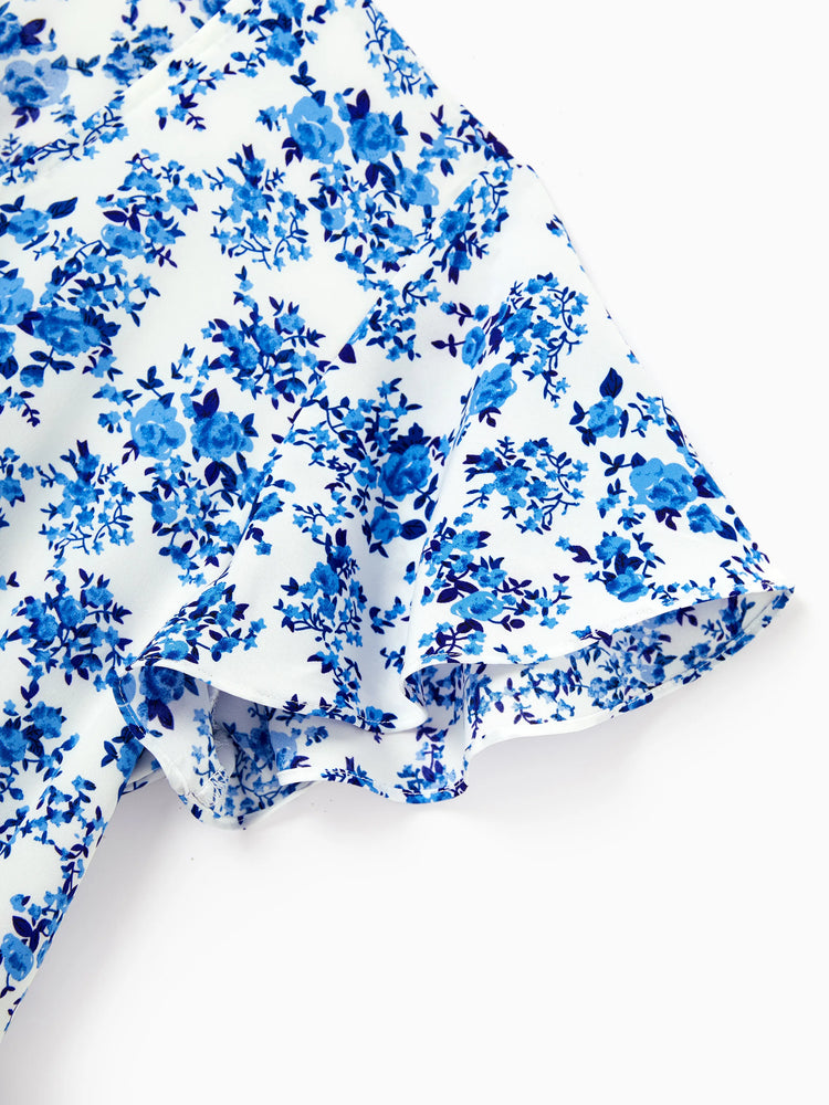 Family Matching Outfits Blue Floral Print Dress & Color Block Tee Set, Mommy Daddy and Me Summer Beach Vacation Coordinates Blue