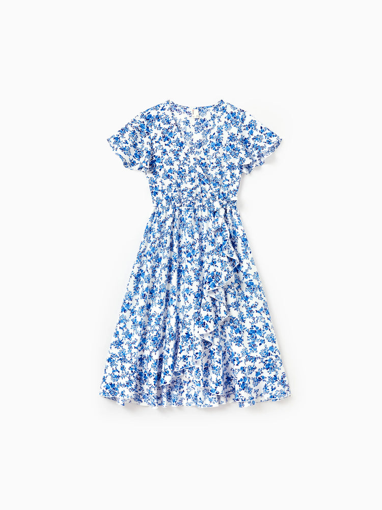 Family Matching Outfits Blue Floral Print Dress & Color Block Tee Set, Mommy Daddy and Me Summer Beach Vacation Coordinates Blue