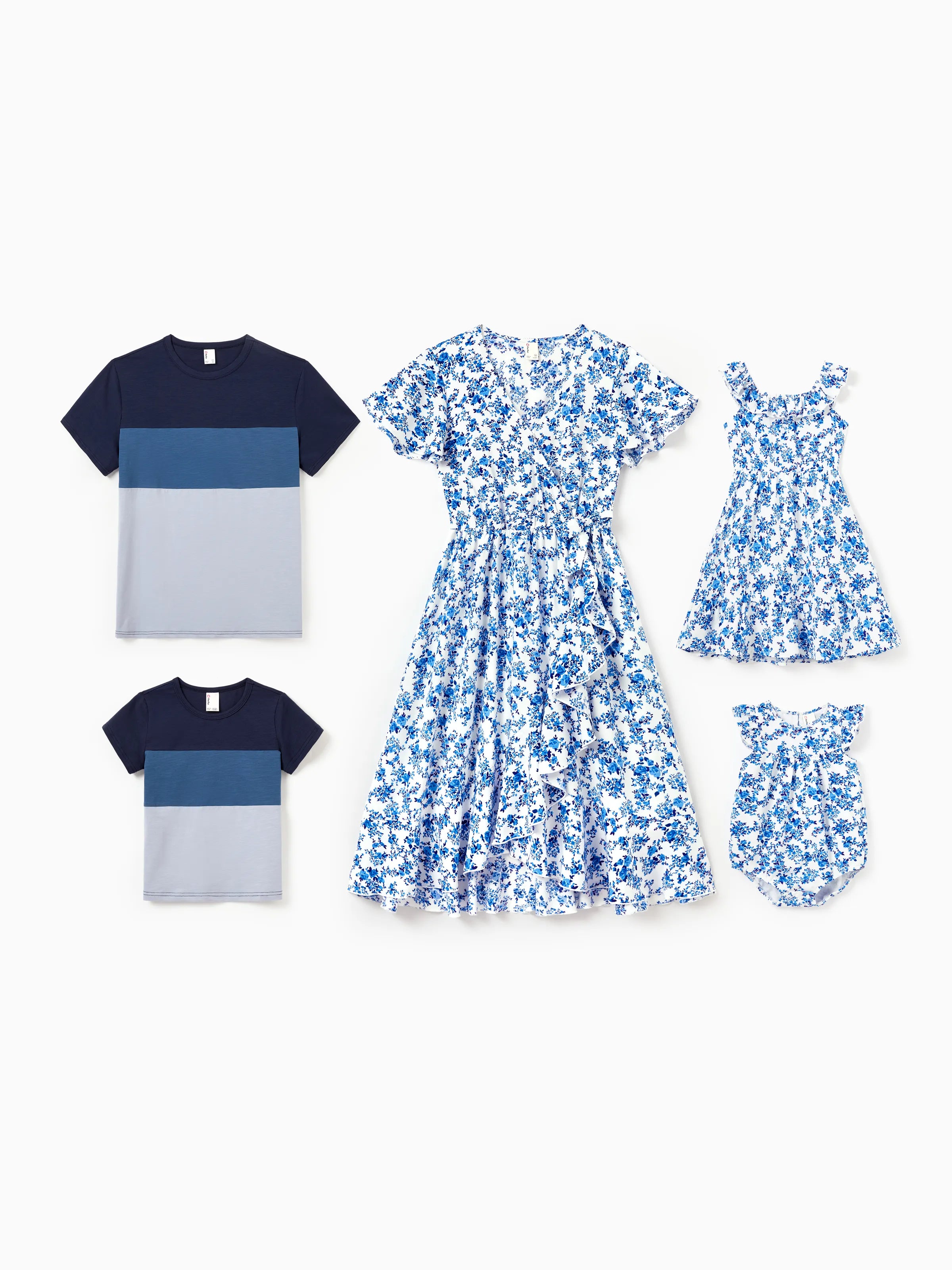 Family Matching Outfits Blue Floral Print Dress & Color Block Tee Set, - PatPat Family Matching Outfits Blue Floral Print Dress & Color Block Tee Set, - PatPat