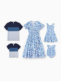 Family Matching Outfits Blue Floral Print Dress & Color Block Tee Set, Mommy Daddy and Me Summer Beach Vacation Coordinates Blue