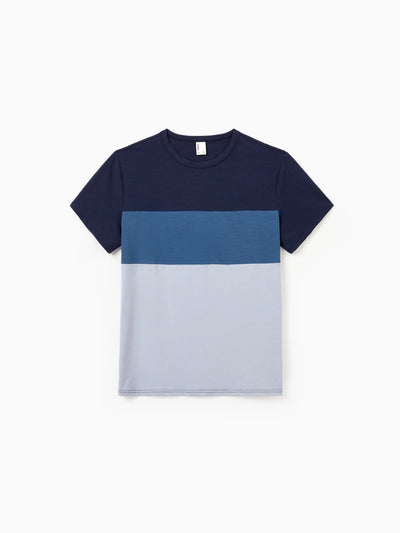 Daddy & Son Outfits Blue Floral Print Dress & Color Block Tee Set, Mommy Daddy and Me Summer Beach Vacation Coordinates Blue