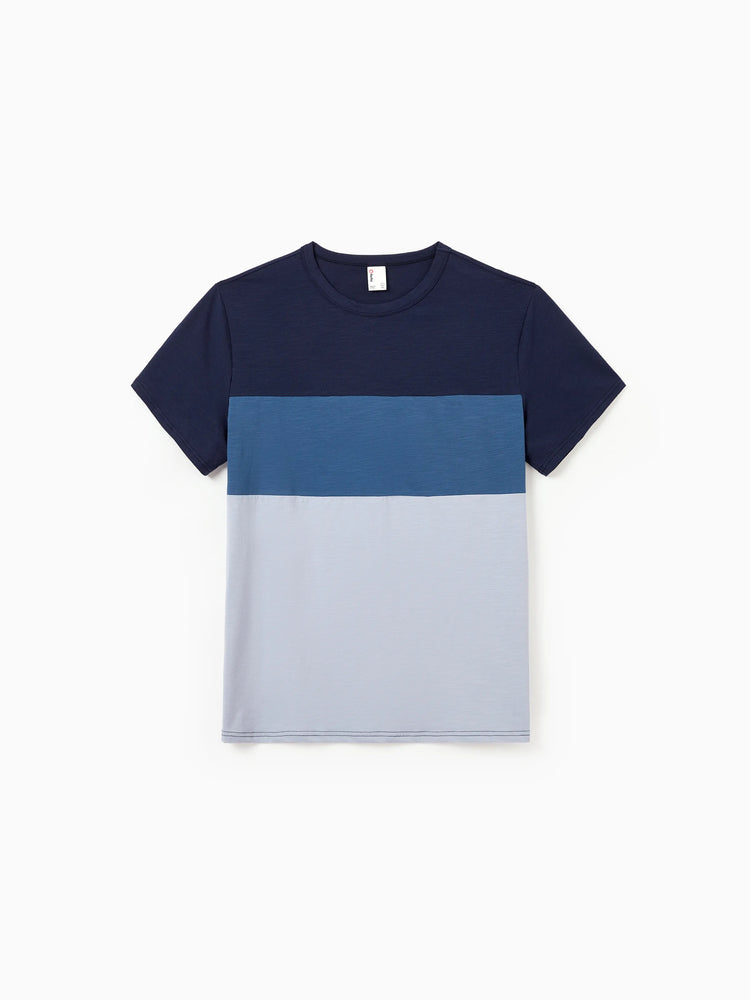 Conjuntos de Papá e Hijo Vestido con Estampado Floral Azul y Camiseta de Bloques de Color, Coordinados de Vacaciones de Verano en la Playa para Mamá, Papá y Yo Azul