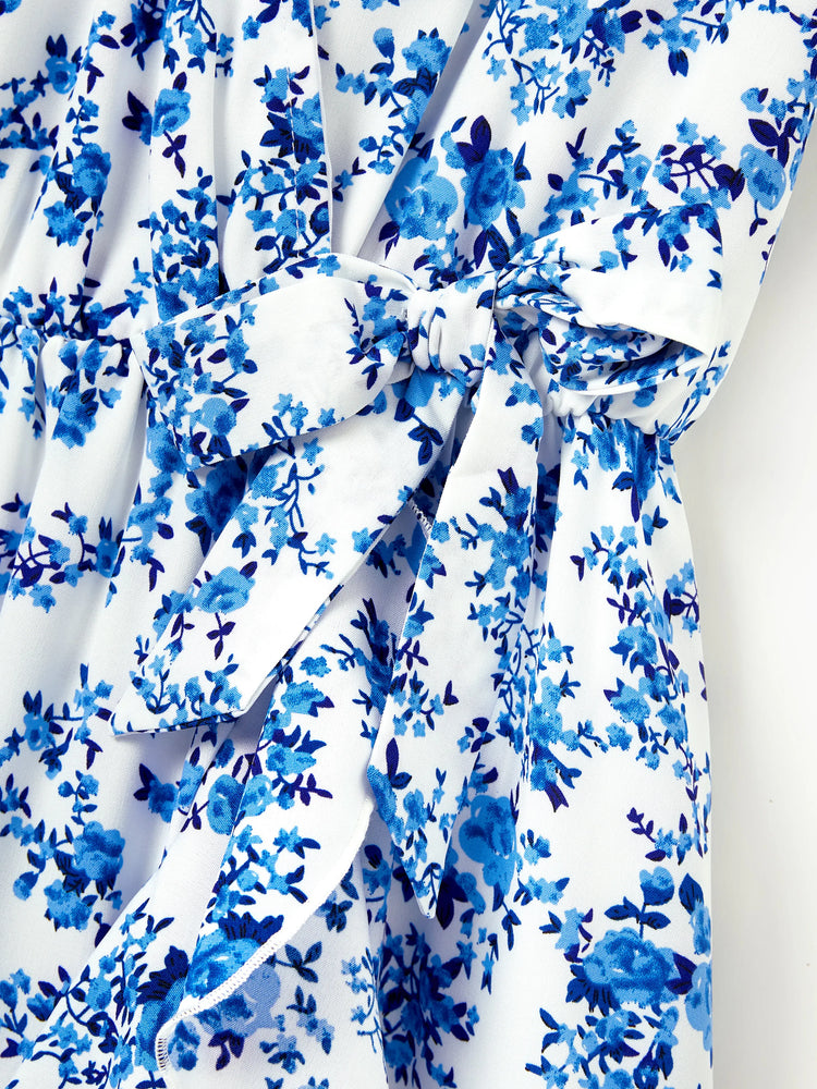 Family Matching Outfits Blue Floral Print Dress & Color Block Tee Set, Mommy Daddy and Me Summer Beach Vacation Coordinates Blue