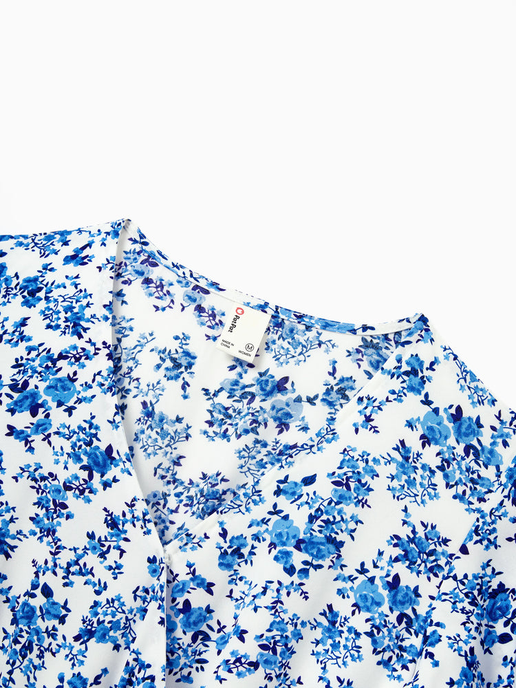 Family Matching Outfits Blue Floral Print Dress & Color Block Tee Set, Mommy Daddy and Me Summer Beach Vacation Coordinates Blue