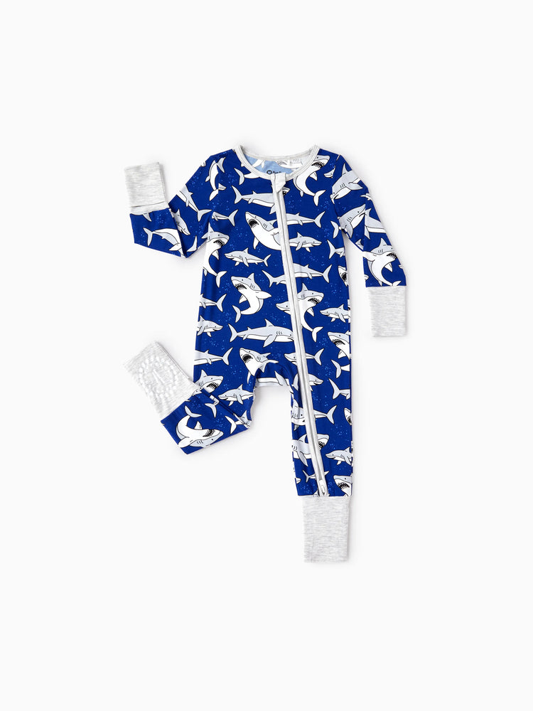 Bamboo Baby Boy/Girl Cartoon Printed 2-Way Zip Onesies Anti Slip Long-sleeve Footie Deep Blue