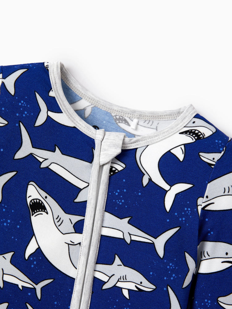 Bamboo Baby Boy/Girl Cartoon Printed 2-Way Zip Onesies Anti Slip Long-sleeve Footie Deep Blue