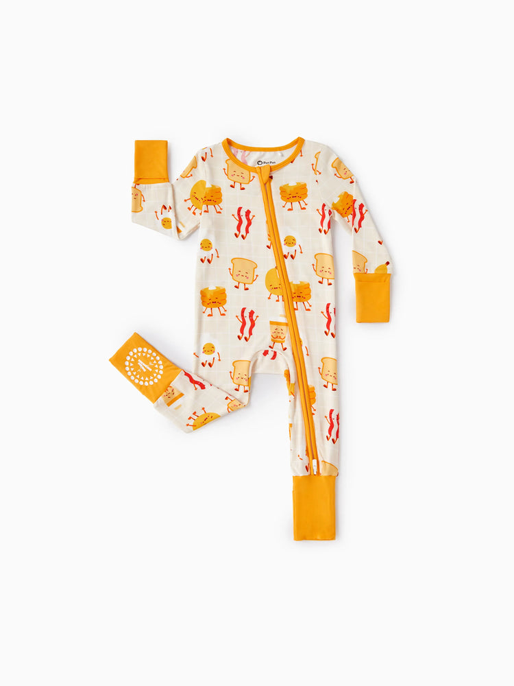 Bamboo Baby Boy/Girl Cartoon Printed 2-Way Zip Onesies Anti Slip Long-sleeve Footie Pale Yellow