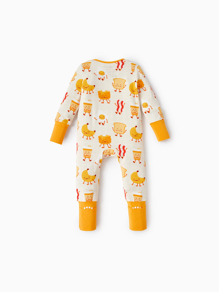 Bamboo Baby Boy/Girl Cartoon Printed 2-Way Zip Onesies Anti Slip Long-sleeve Footie Pale Yellow