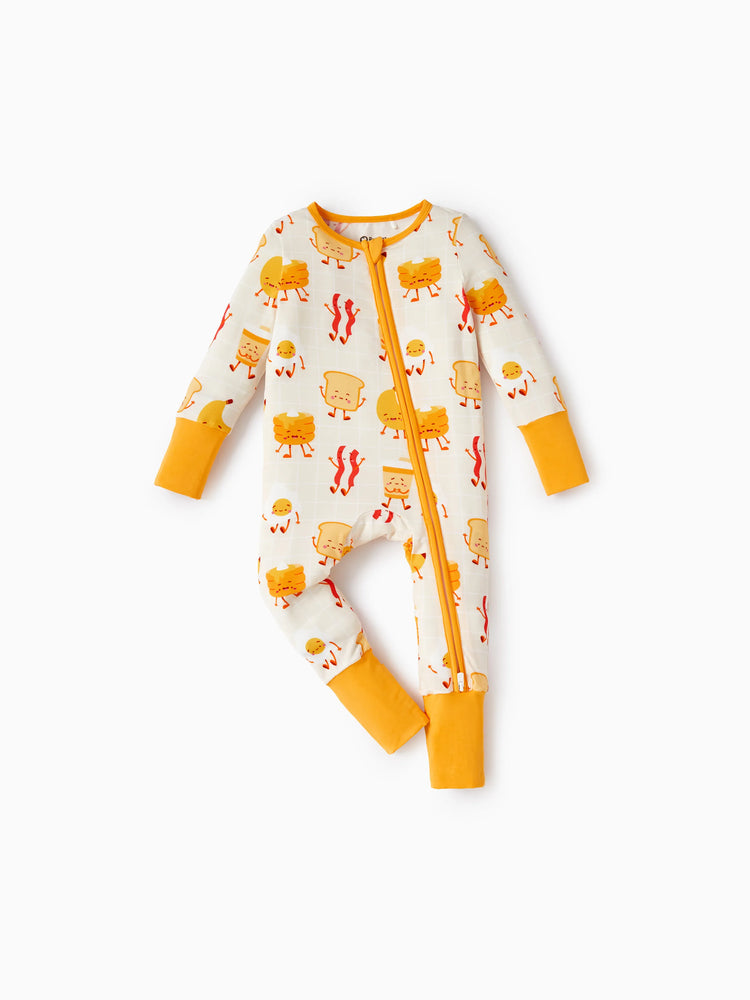 Bamboo Baby Boy/Girl Cartoon Printed 2-Way Zip Onesies Anti Slip Long-sleeve Footie Pale Yellow