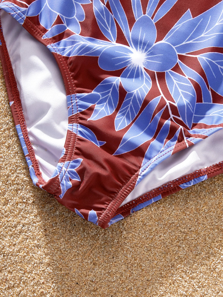 Family Matching Tropical Leaf Print Swimsuits Cutout One-Piece & Swim Trunks Set Multi-color