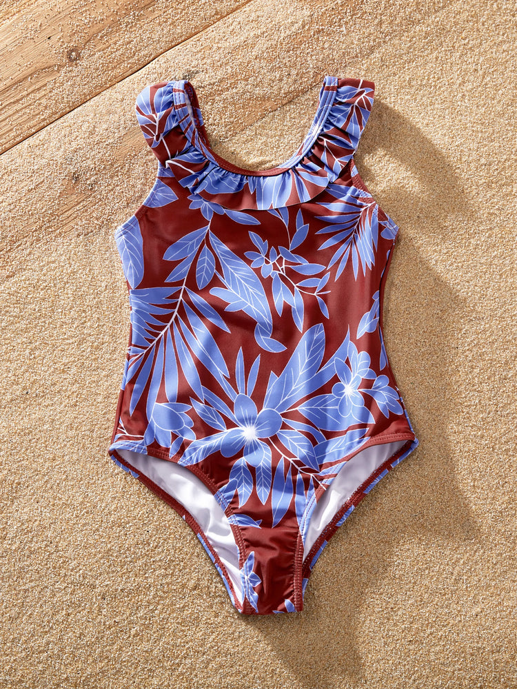 Family Matching Tropical Leaf Print Swimsuits Cutout One-Piece & Swim Trunks Set Blue