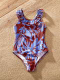 Toddler Girl Tropical Leaf Print Swimsuits Cutout One-Piece Blue