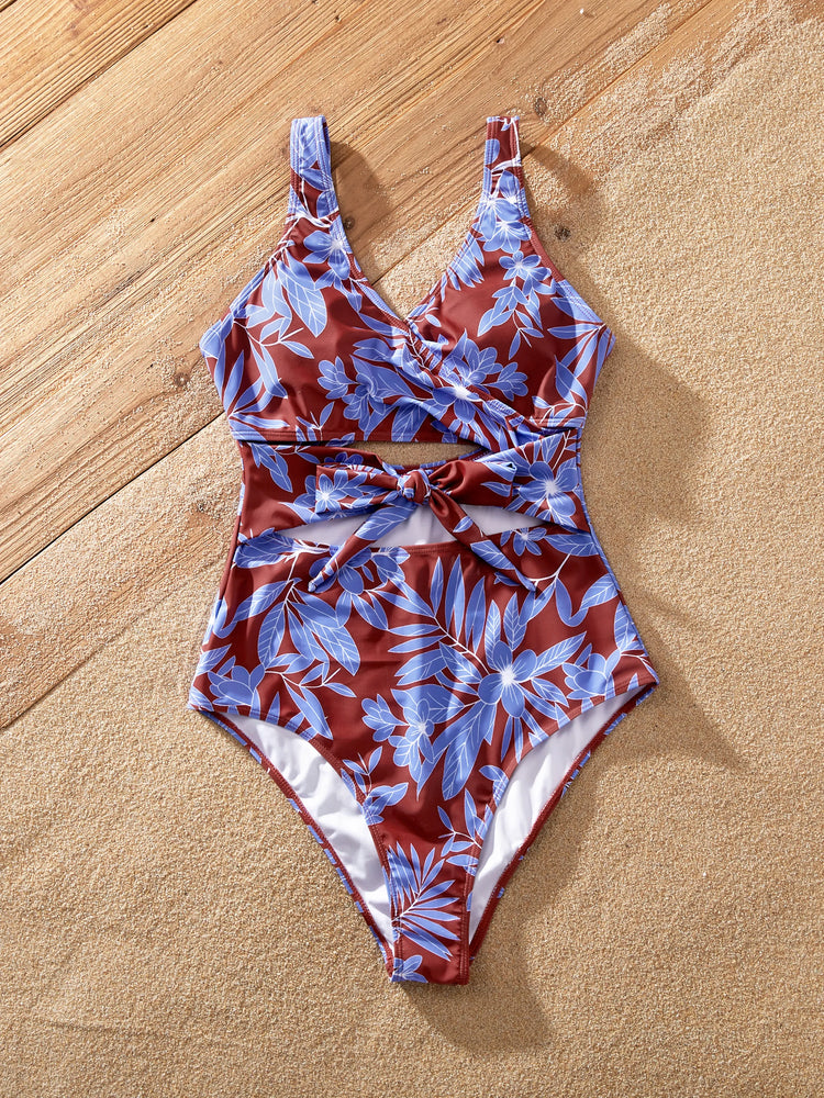 Family Matching Tropical Leaf Print Swimsuits Cutout One-Piece & Swim Trunks Set Blue