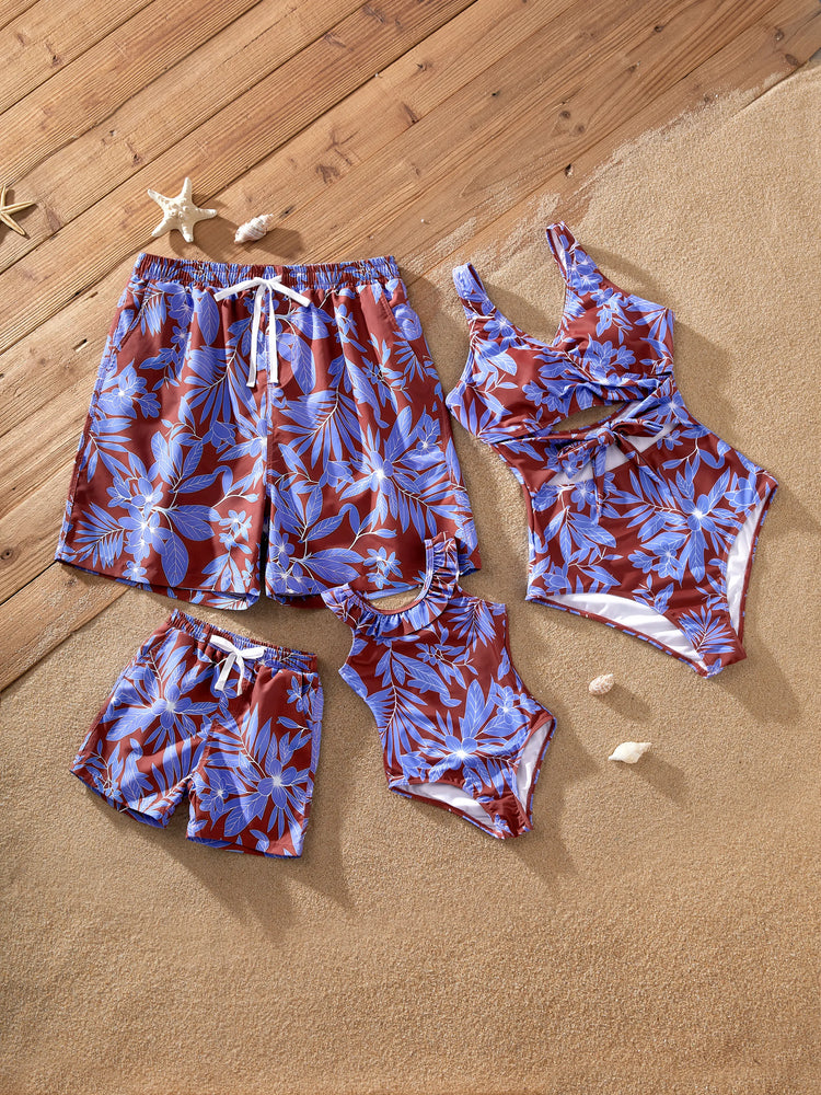 Family Matching Tropical Leaf Print Swimsuits Cutout One-Piece & Swim Trunks Set Multi-color