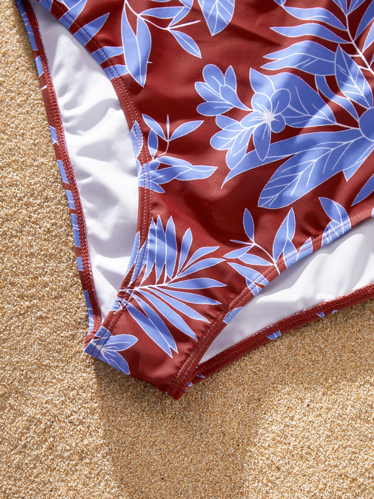 Family Matching Tropical Leaf Print Swimsuits Cutout One-Piece & Swim Trunks Set Blue