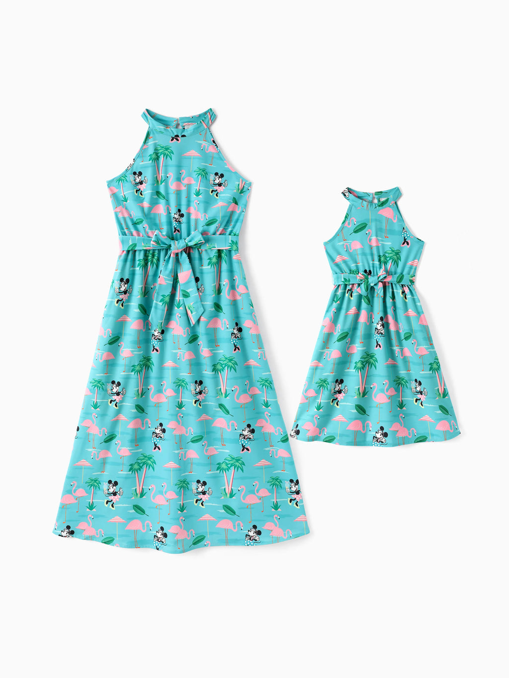 Mom and daughter in matching mint green Disney Minnie Mouse halter design dresses - 2026 spring trend Mother's Day photos outfit from Patpat
