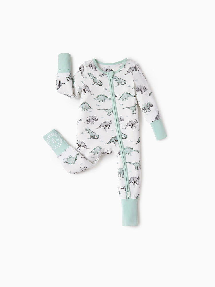 Bamboo Baby Boy/Girl 2-Pack Cute Animal Long Sleeve Romper 2-Way Zip Anti Slip Footie Pale Green
