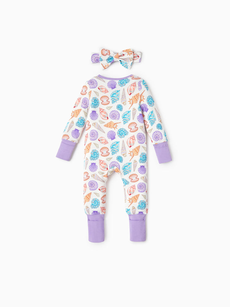 Bamboo Baby Girl Elegant Printed 2-Way Zip Onesies Anti Slip Long-sleeve Footie with Hairband Purple