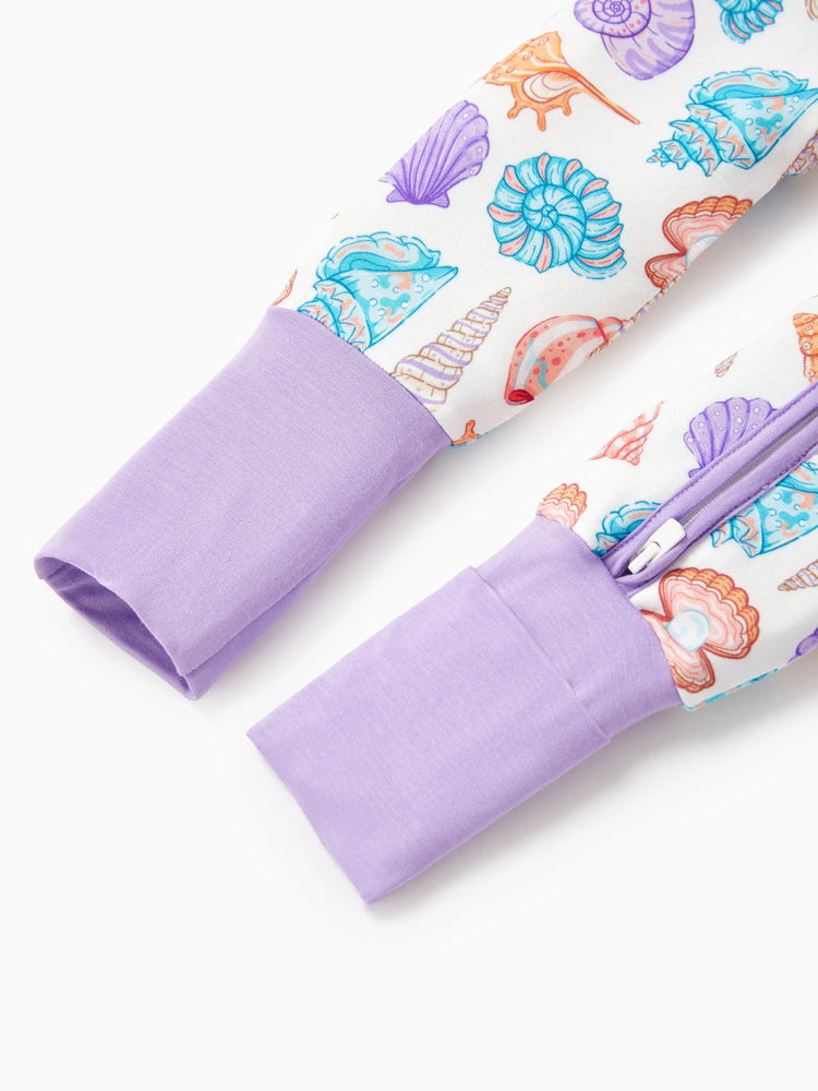 Bamboo Baby Girl Elegant Printed 2-Way Zip Onesies Anti Slip Long-sleeve Footie with Hairband Purple