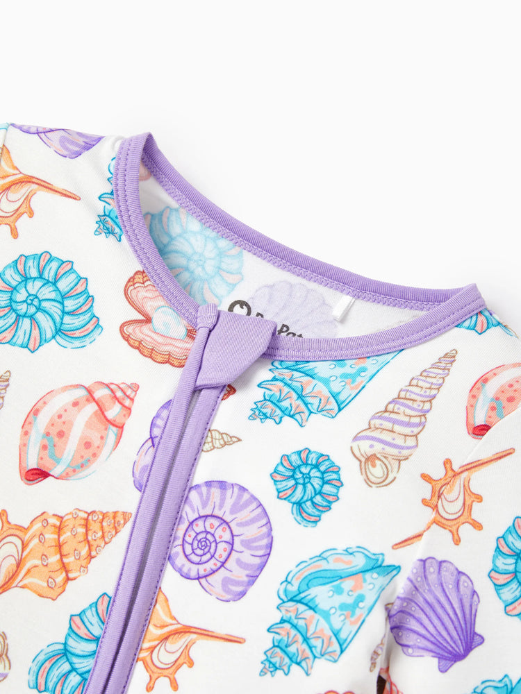 Bamboo Baby Girl Elegant Printed 2-Way Zip Onesies Anti Slip Long-sleeve Footie with Hairband Purple