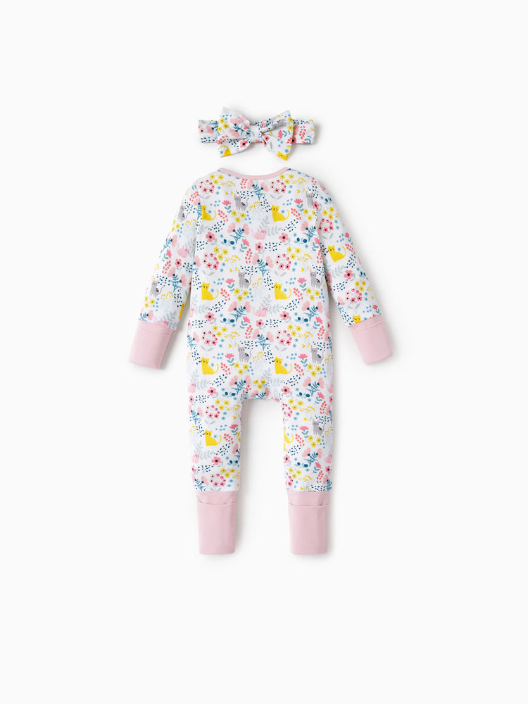 Bamboo Baby Girl Elegant Printed 2-Way Zip Onesies Anti Slip Long-sleeve Footie with Hairband Light Pink