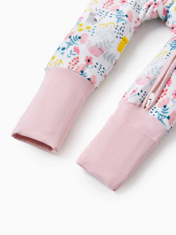 Bamboo Baby Girl Elegant Printed 2-Way Zip Onesies Anti Slip Long-sleeve Footie with Hairband Light Pink